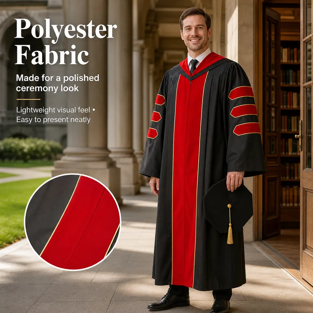 Adult Doctoral Graduation Gown Set, 100% Polyester Academic Regalia with Velvet Stoles, Doctoral Cap and Tassel, Formal Graduation Attire for Commencement, Academic Ceremony, Grad Photoshoot Classic Menswear