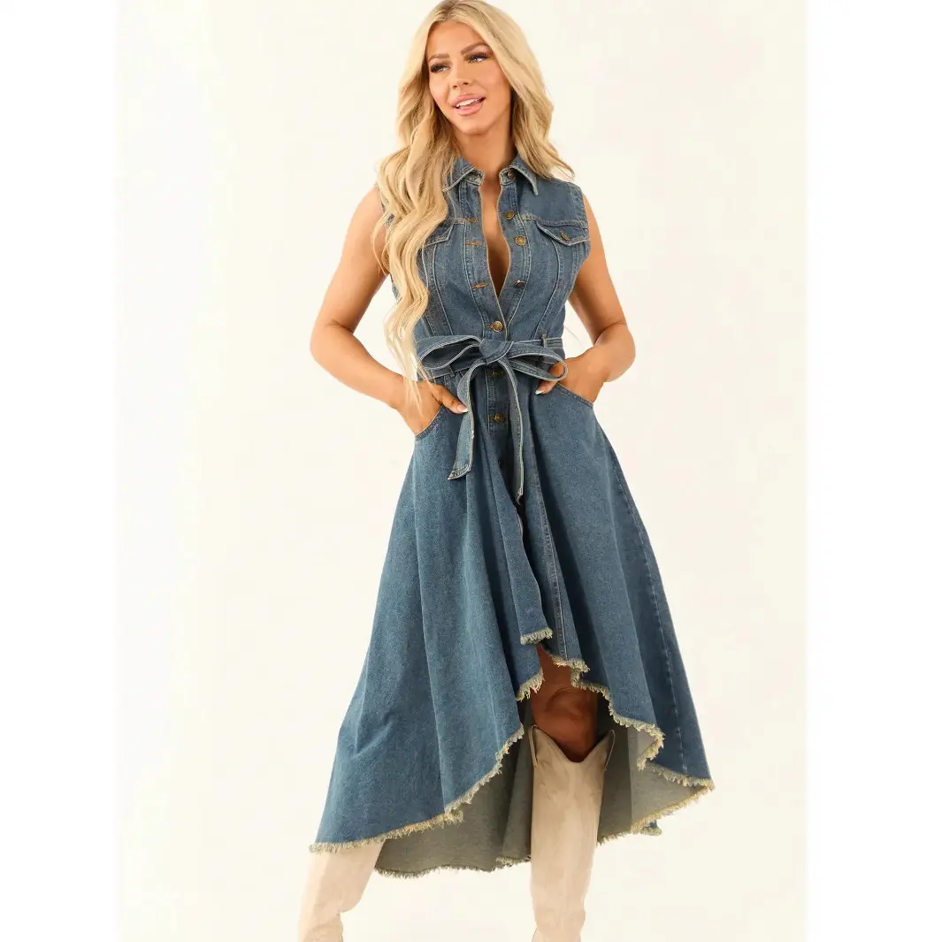 Women’s Sleeveless Denim Shirt Dress, Button Front Belted High-Low Maxi Dress with Raw Hem, Collared A-Line Jean Dress with Pockets, Western Cowgirl Outfit for Casual Going Out