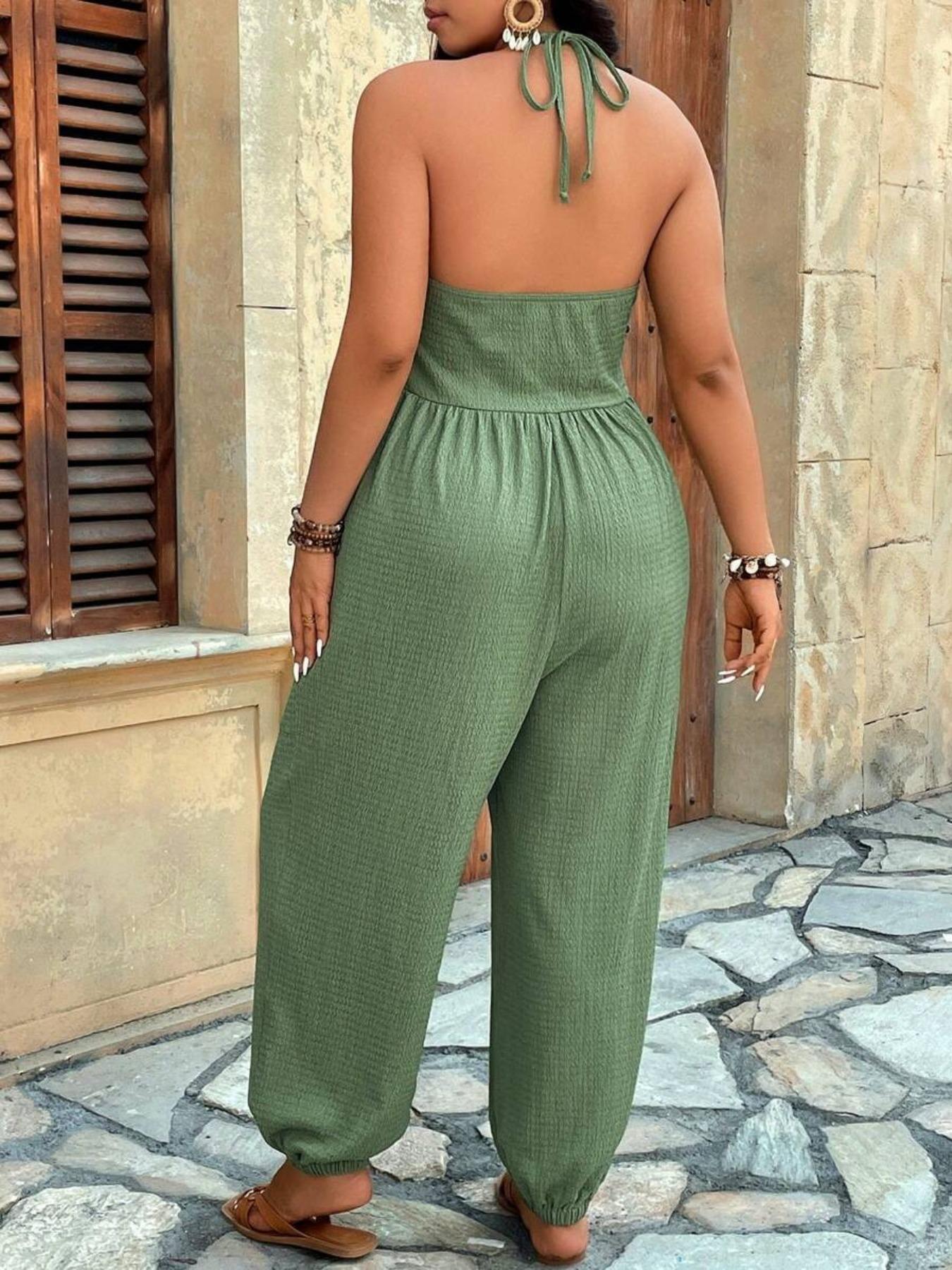 【Plus Size】 Solid Color Pocket Jumpsuit, Casual Sleeveless Jumpsuit for Daily Wear, Women's Plus Clothing for All Seasons, Womenswear 【Plus Size】 Solid Color Pocket Jumpsuit, Casual Sleeveless Jumpsuit for Daily Wear, Women's Plus Clothing for All Seasons, Womenswear