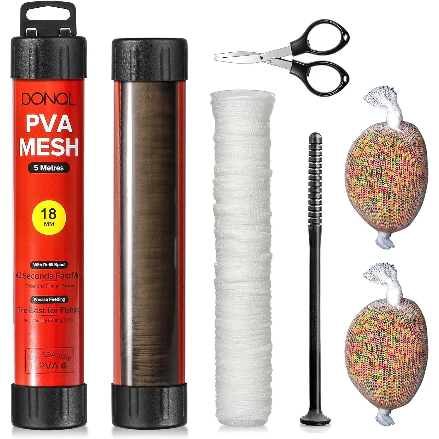 5M PVA Mesh Carp Fishing with , 45"  Water Soluble Mesh Bags Refill  with Plunger, PVA Bags Carp Fishing Refill Stocking for Boilie  Pellets Bags Holder