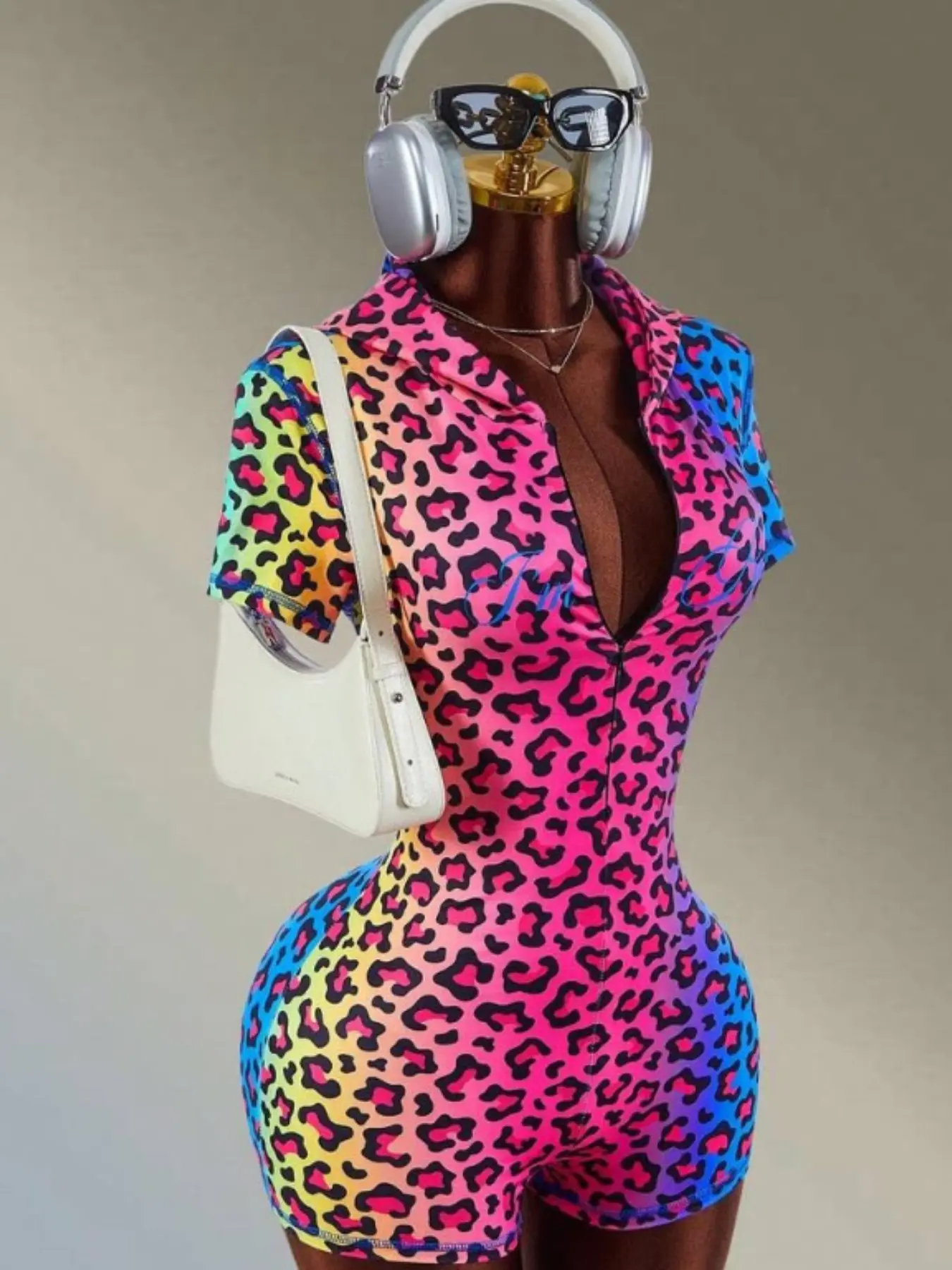 Women's Trendy Gradient Leopard Print Jumpsuit, Short Sleeve Fitted Nightclub Style, High Elasticity, All Seasons, Plain Surface
