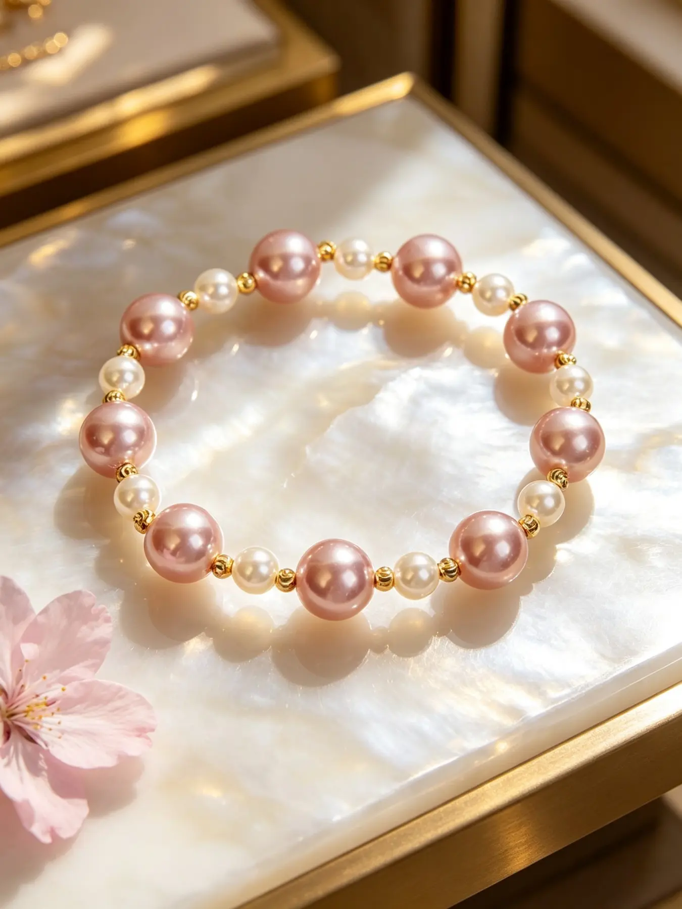 Elegant Mixed-Tone Pink & Cream Imitation Pearl Stretch Bracelet, Lustrous Round Pearl Beads With Polished Gold Spacer Beads, Stackable Feminine Wrist Jewelry, Perfect For Bridal Party, Dating, Daily Wear And Birthday Gift For Women