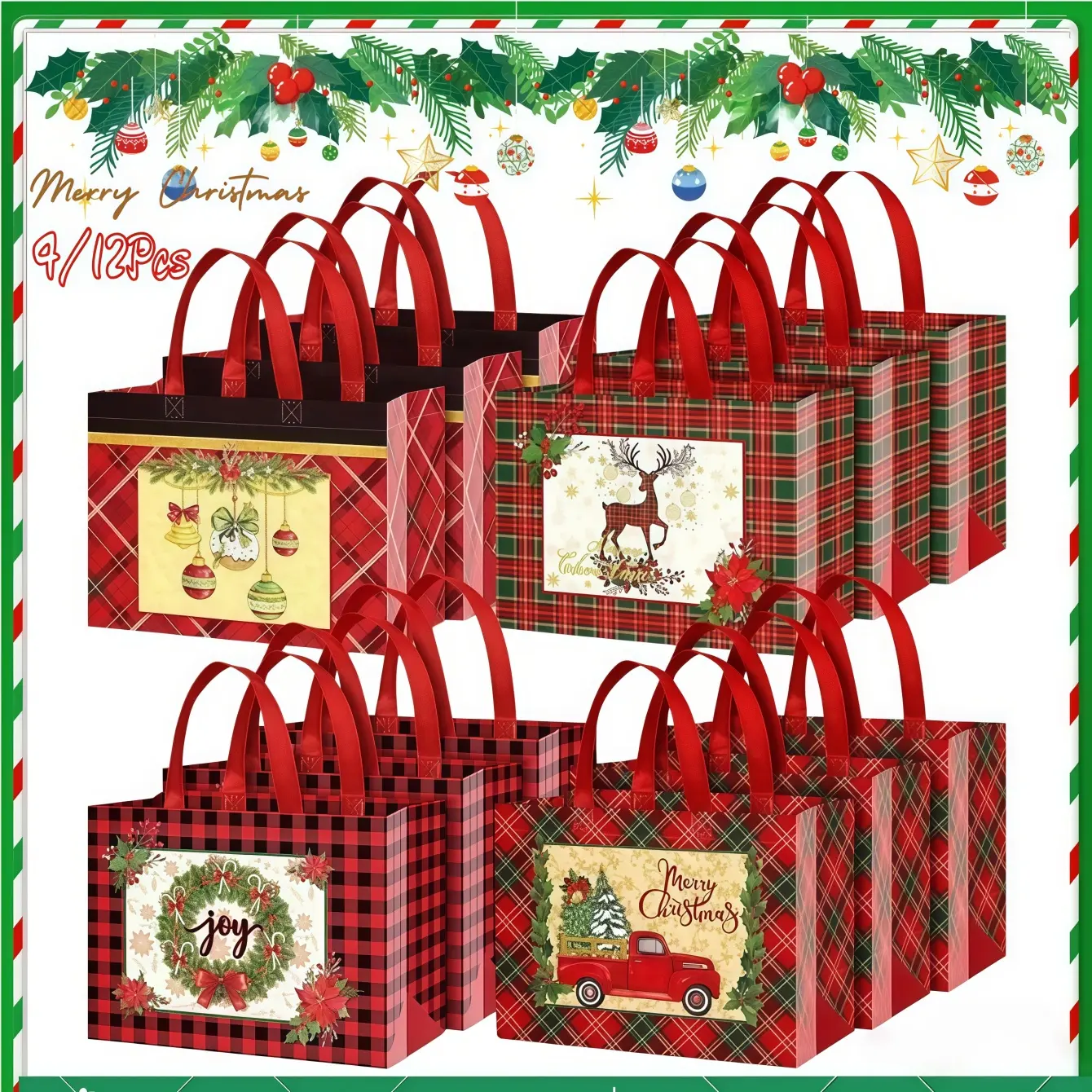 4/12Pcs Christmas Gift Bags, Christmas Tote Bags with Handles, Reusable Non-Woven Shopping Bags for Xmas Gifts Wrapping Holiday Party