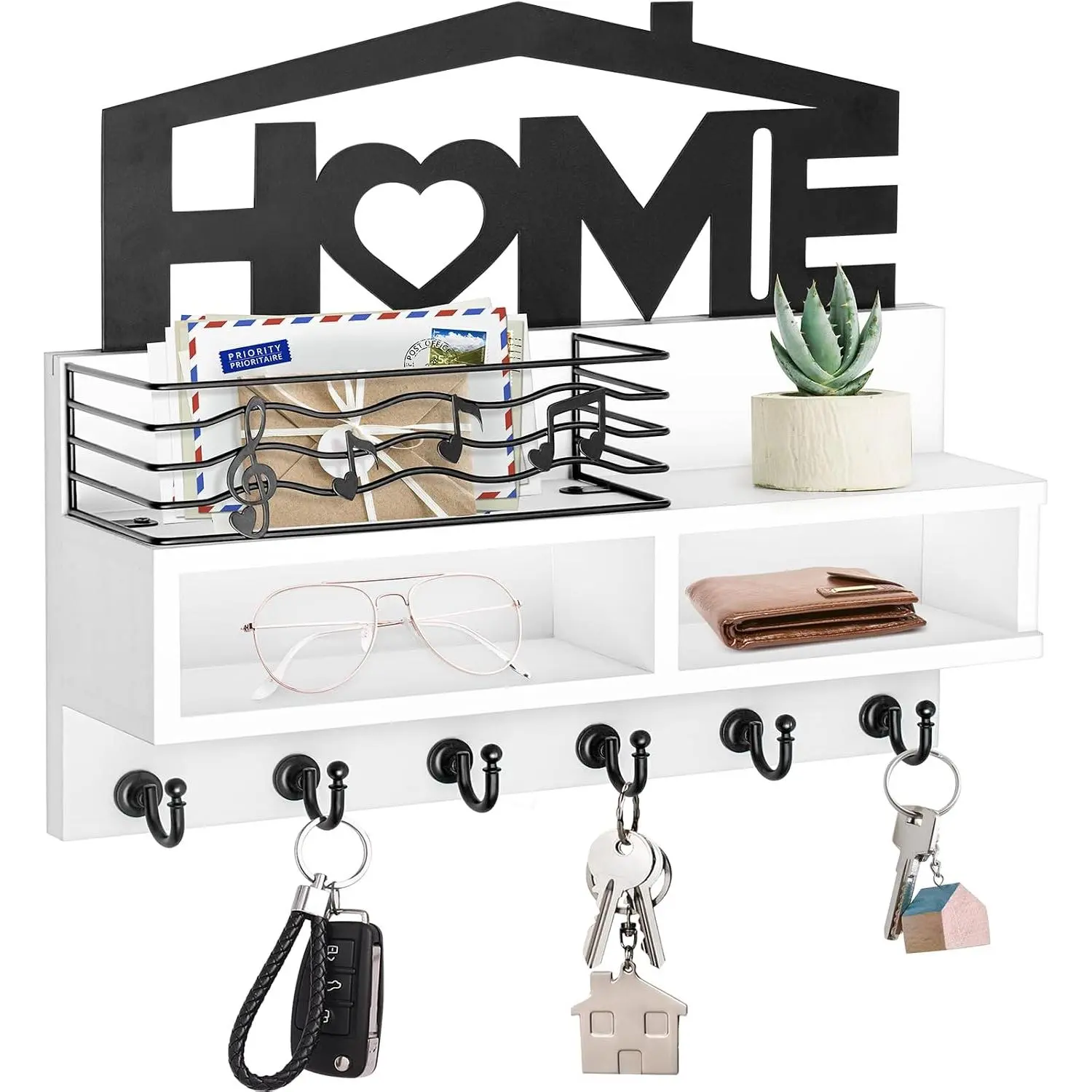 Key Holder Wall Mount, Decorative Wooden Mail and Key Organizer with Storage Basket and Shelf, 2 Compartments, 6 Hooks, White