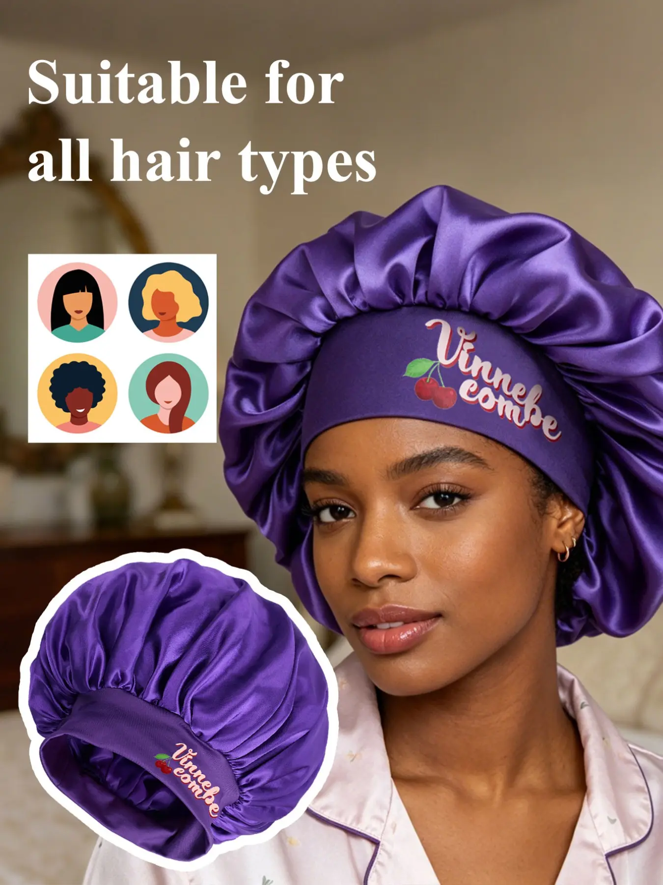 Women's Satin Sleep Cap, Cherry Print Design, High-Quality Wide Elastic Band, Nightly Hair Care Hat, Luxurious Shower Cap