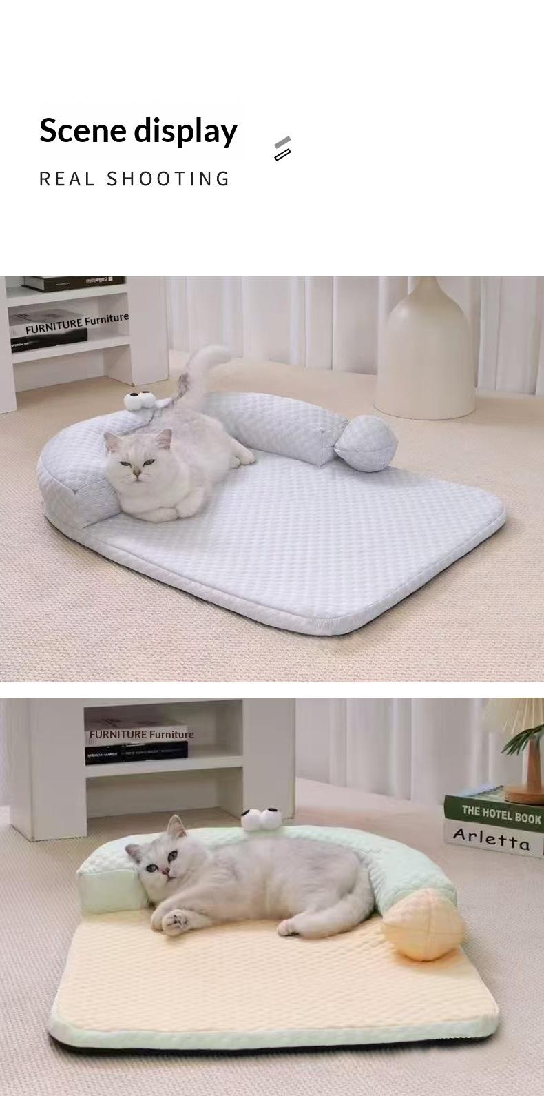 Cooling Cat Bed with Pillow, Breathable Ice Silk Pet Sofa for Indoor Cats, Orthopedic Support Dog Bed with Cute Cartoon Design, Washable Summer Pet Mat for Kitten Puppy