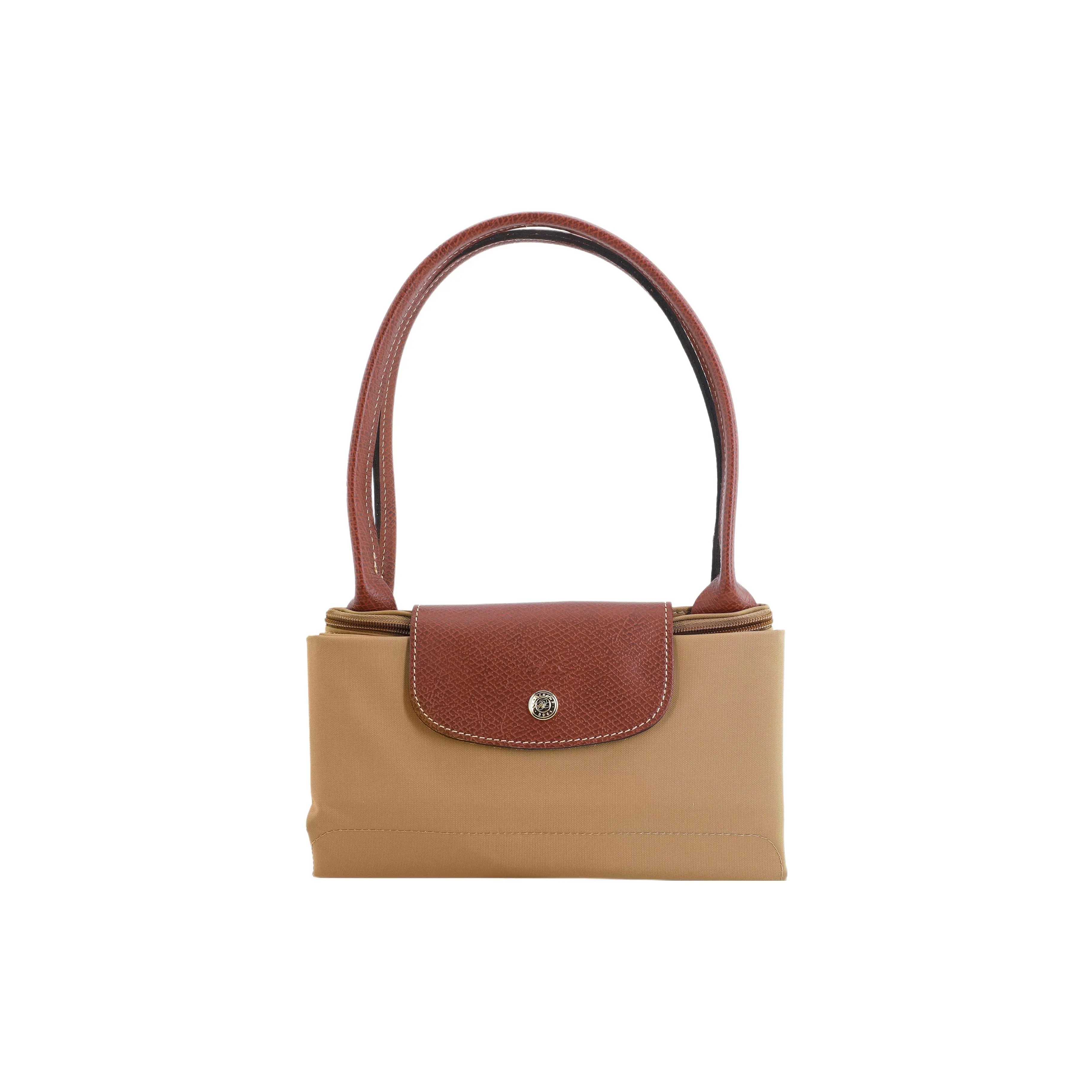 Longchamp Le Pliage Medium Canvas and Leather Handbag for Women, Modern Minimalist Style in Desert Beige