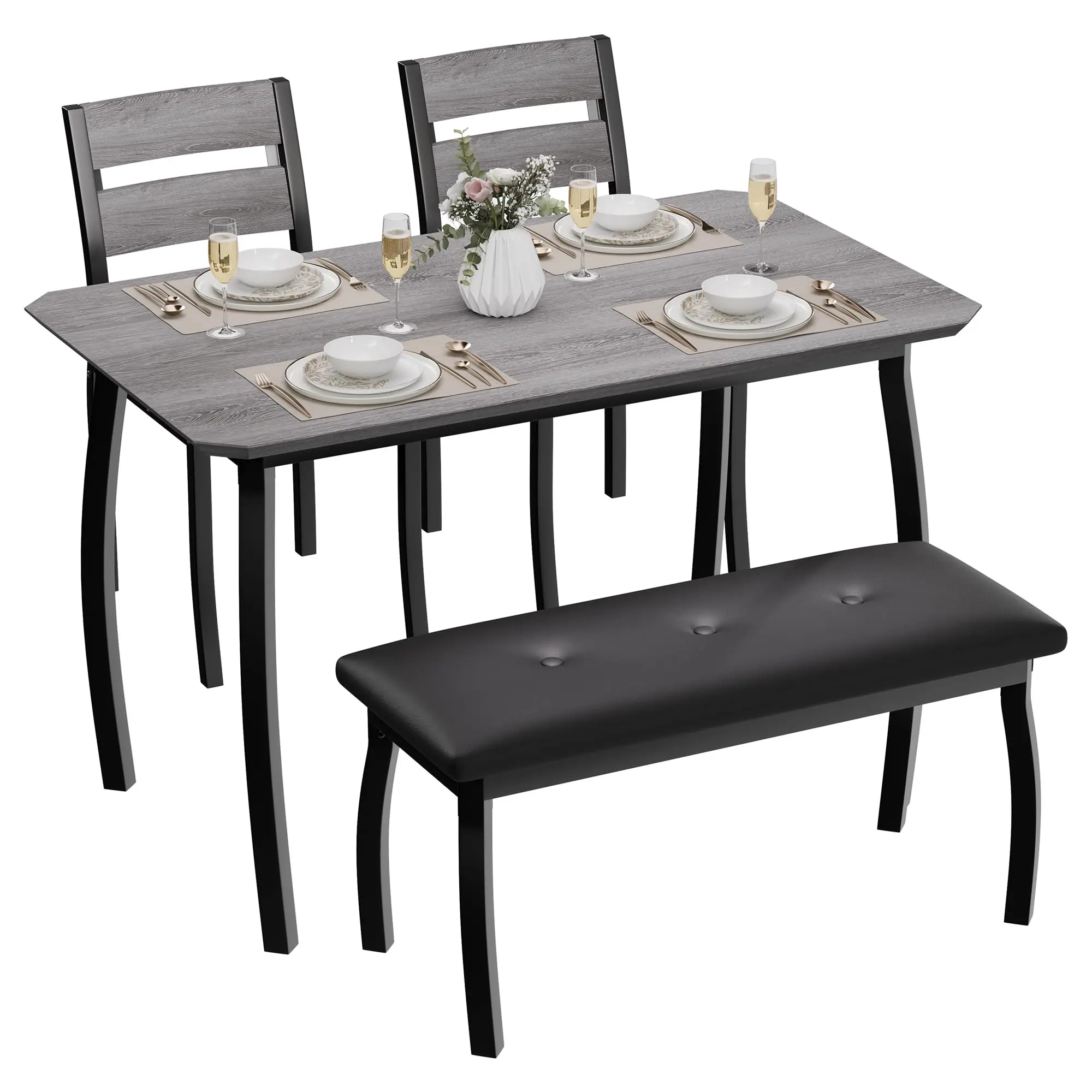 Garvee 4-Piece Modern Dining Set with Rectangular Metal & Wood Table 2 Chairs Upholstered Benches Gray Rustic Brown for Small Spaces Apartments
