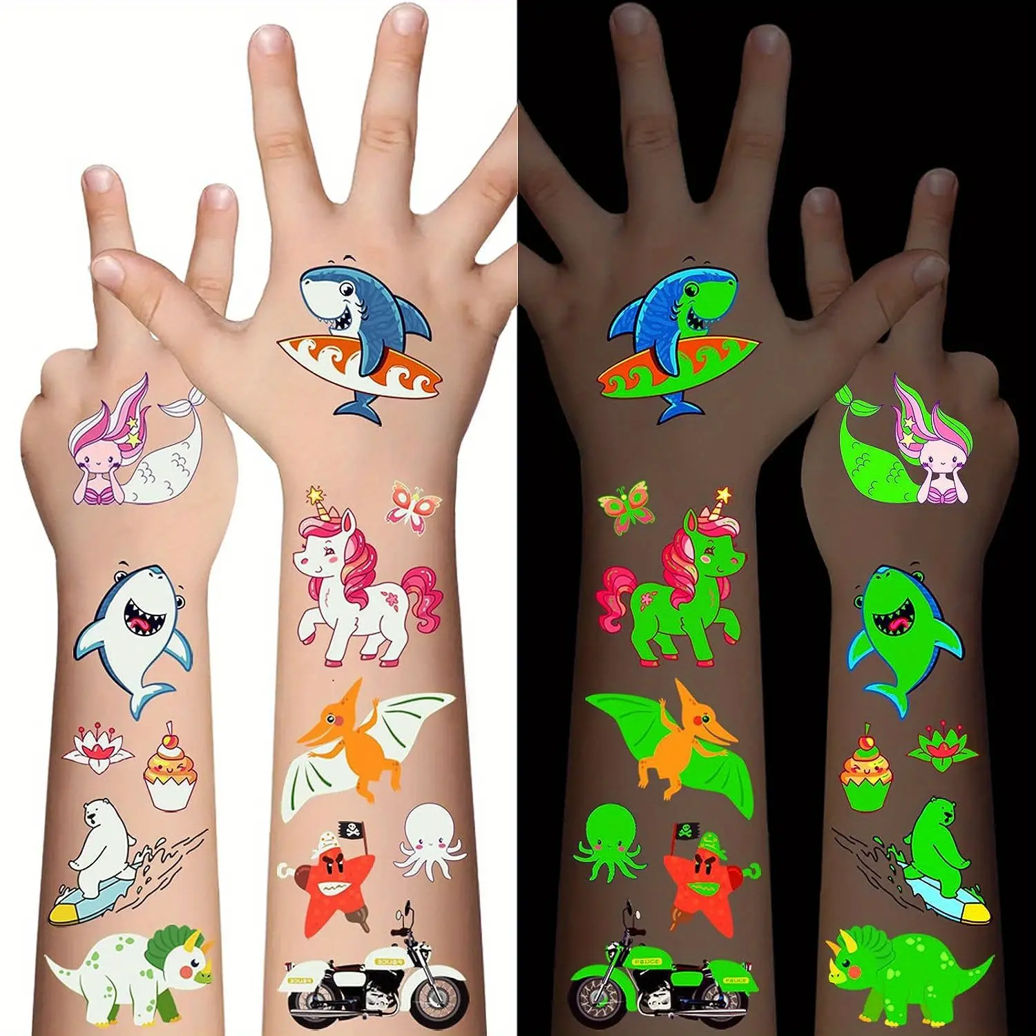 16 Sheets Luminous Kids Temporary Tattoos Mixed Styles Glow in The Dark Tattoos Fake Tattoo Stickers for Boys and Girls