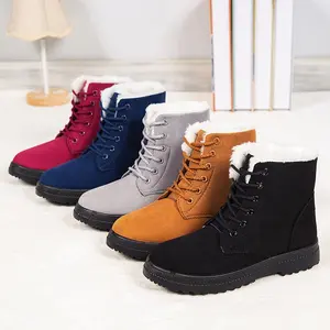 Trending Suede Flat Platform Sneakers for Women Plus Velvet Winter Warm Lace Up Blue Cotton Snow Boots for Daily Outdoor Commute
