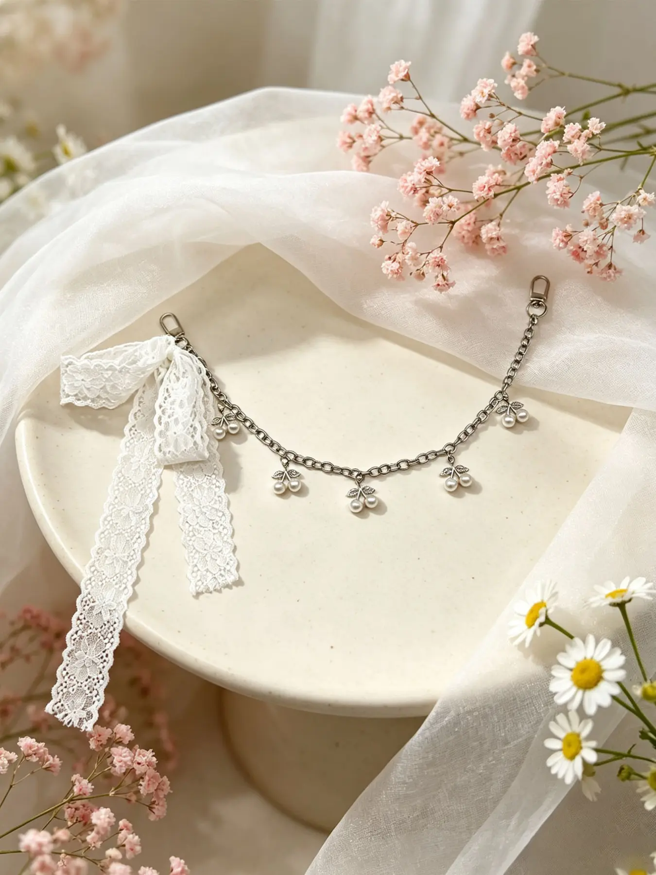 Lace Chain Belt with Pearl Cherry Pendant, Elegant Two-In-One Waist Chain, Ballet Style for Jeans and Skirts, All Seasons Decorative Item