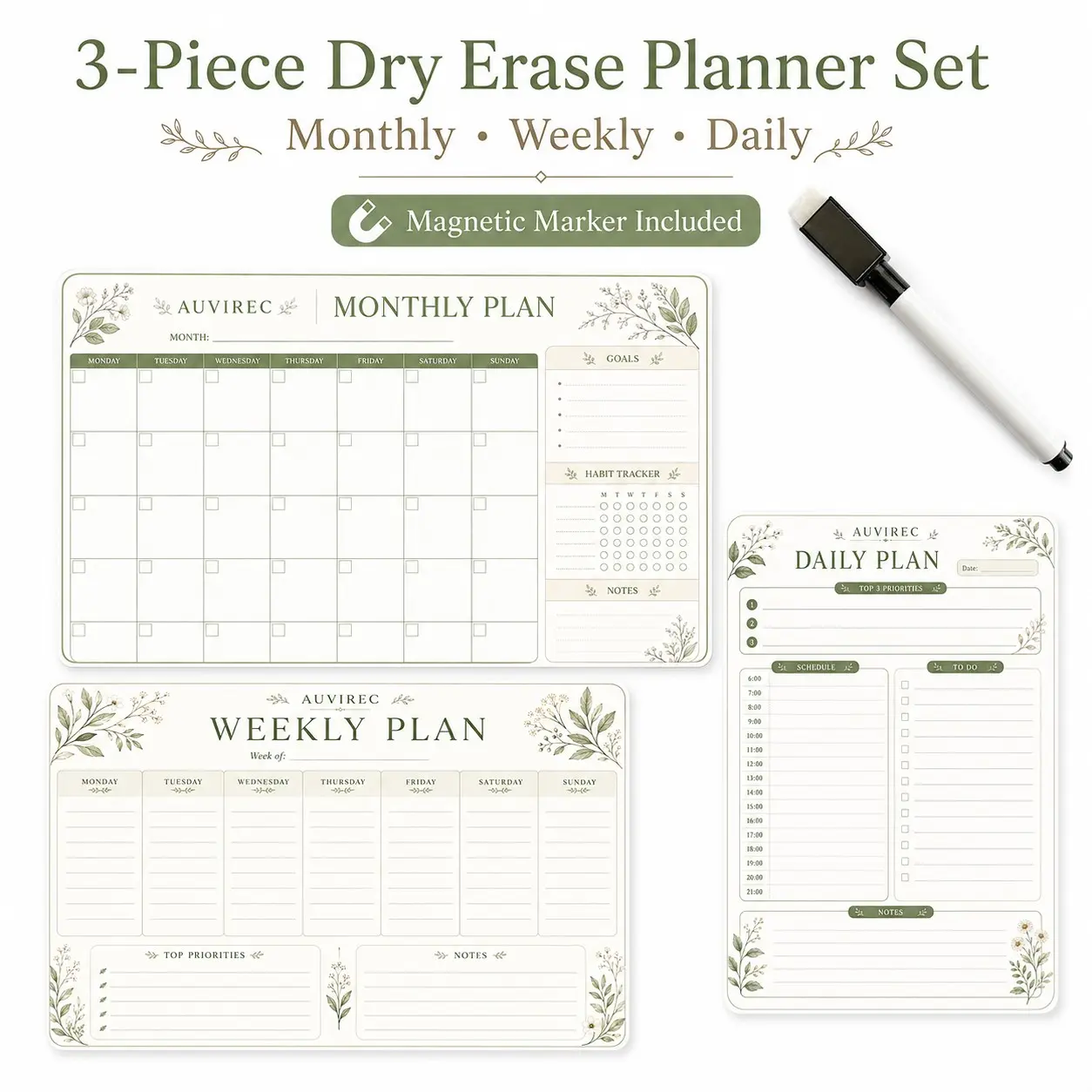 Auvirec 3-Piece Plant-Themed Reusable Calendar Set, Pet Material Erasable Planner, Wall & Refrigerator Organizer, Includes Marker Pen