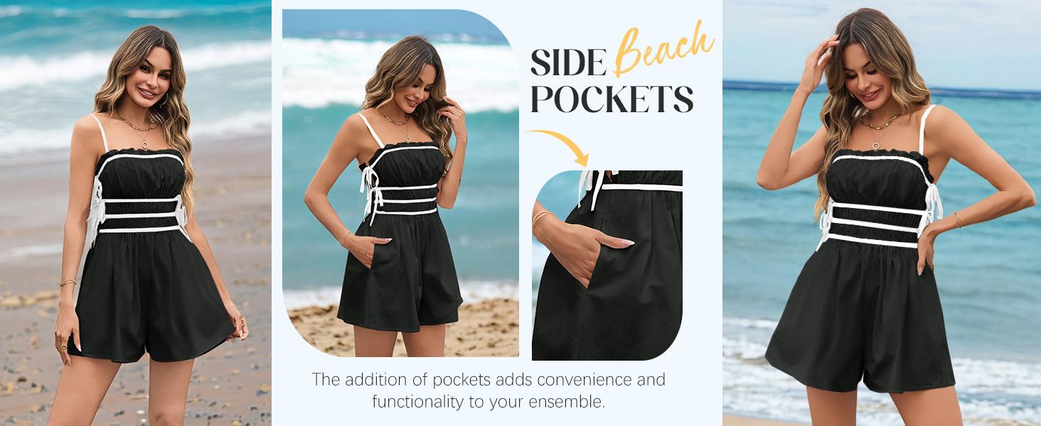 Imily Bela  Womens Summer Spaghetti Strap Romper Sleeveless Ruffle Color Block Short Jumpsuit Smocked Vacation Beach Outfits