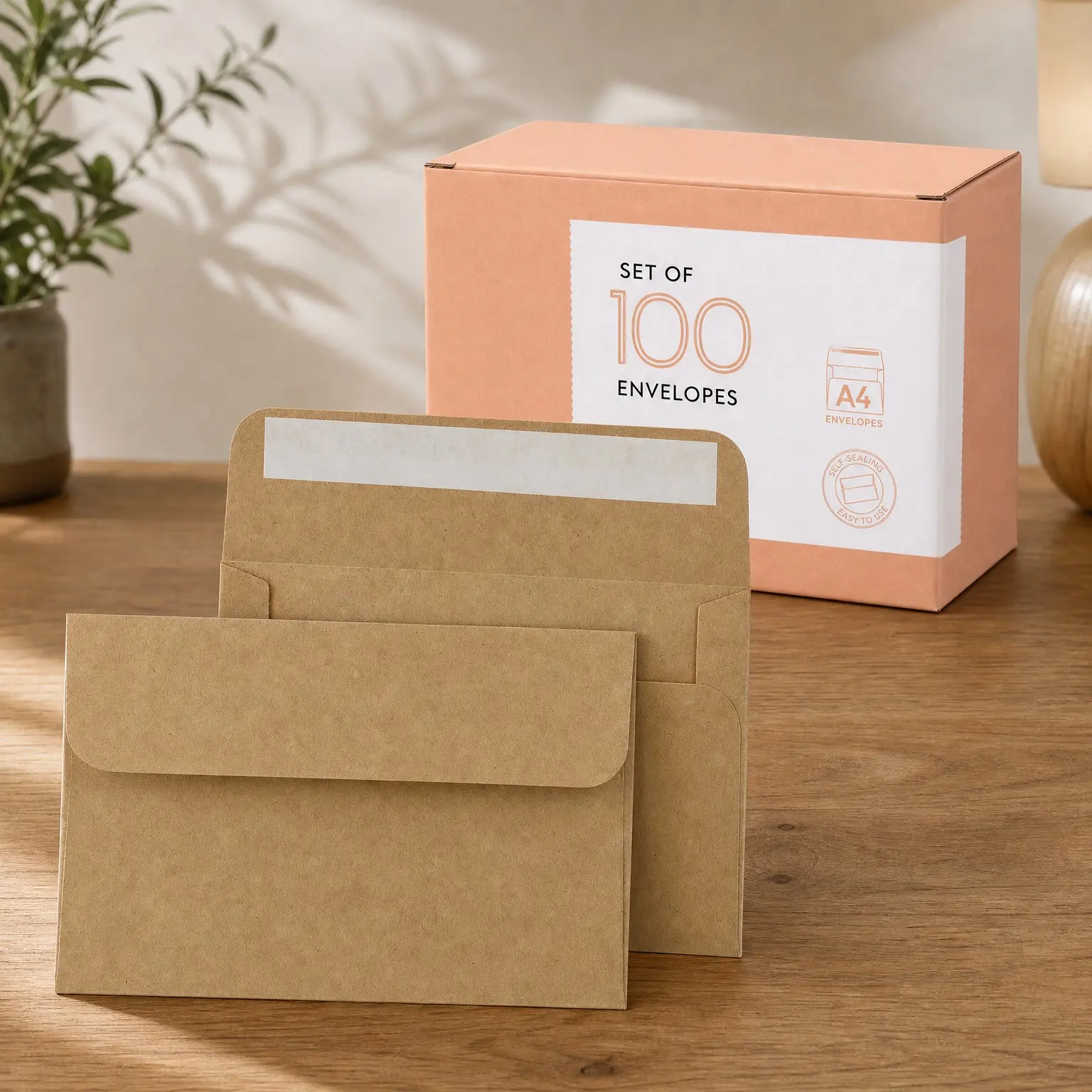 Brown Kraft Self Seal Envelopes, 100 Pack, 4x6 Inches (4.25 x 6.25 in), 150gsm Blank Envelopes for Invitations, Wedding, and MailingGift