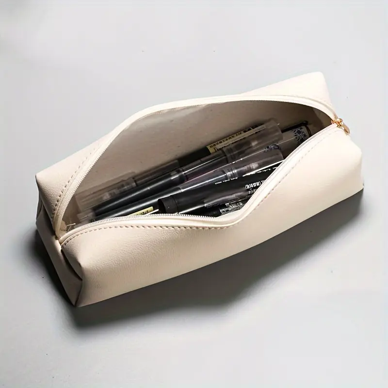 Simple solid color zipper pencil case, large thick stationery bag, holds pencils, gel pens, colored pencils & makeup brushes, back-to-school essential for students, fits classroom & office, dual-use pouch for study and cosmetics, Office Supplies