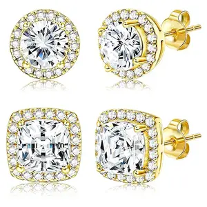 Cushion Cut Halo Stud Earrings, Silver Plated Simulated Diamond Square Earrings for Women