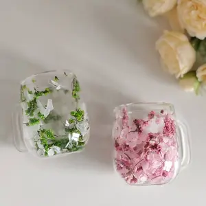2-Pack Dual-Layer Couple Glass Cups, Real Flower Aesthetic Design, Hand Wash Only, Perfect for Coffee Milk Drinks, Ideal Holiday Gift, Drinkware