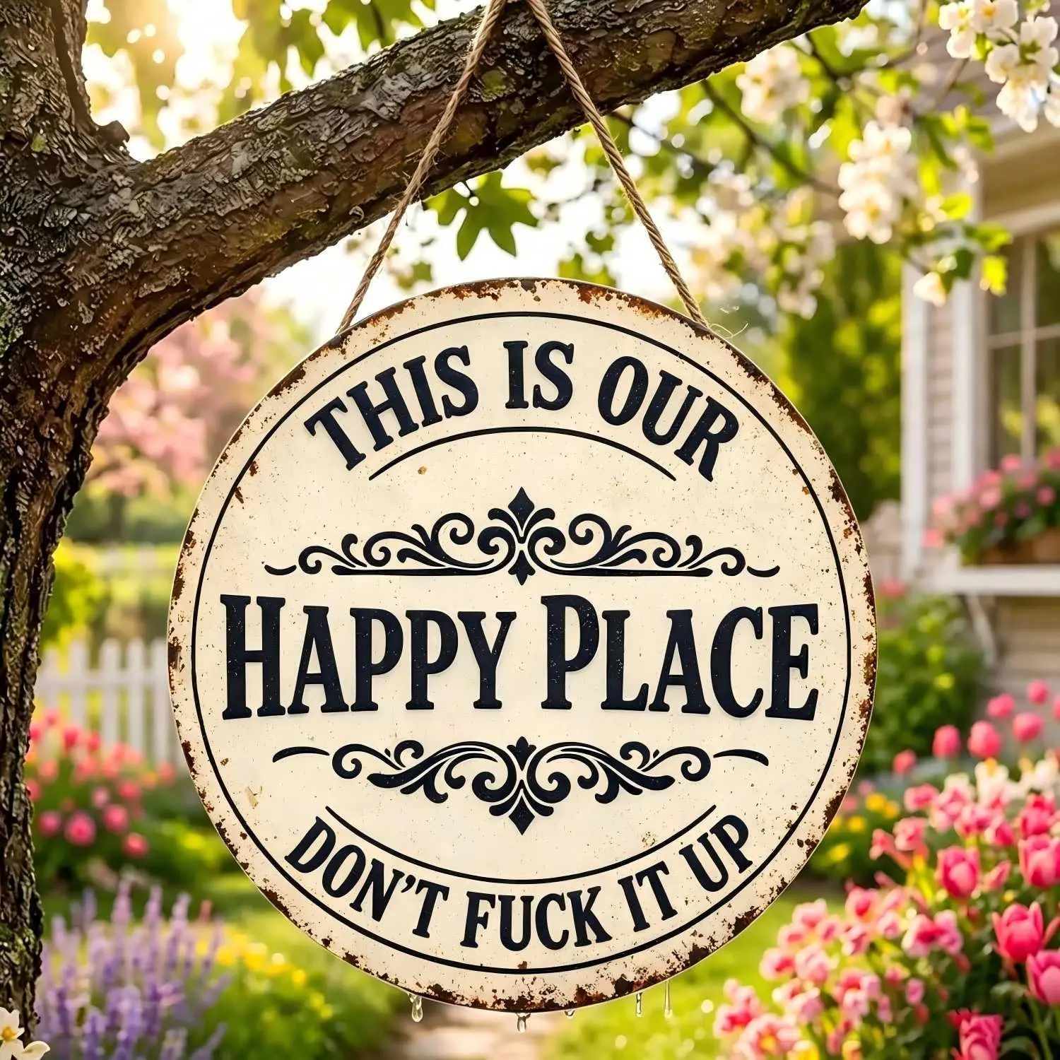 8x8 in Sturdy Waterproof Aluminium Round Tin Sign - Sarcastic "This Is Our Happy Place" Printed Wall Mount Home Decor Plaque, Outdoor Garden Room Decor Home Supplies Funny Accent