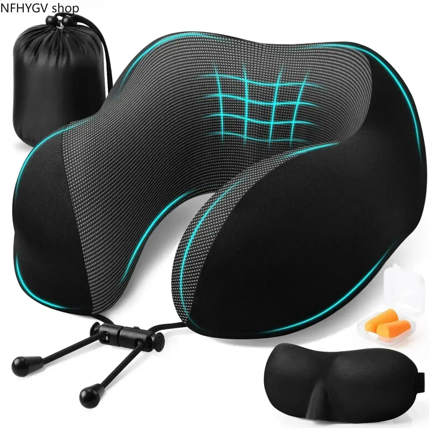 Breathable Memory Foam Travel Neck Pillow Set, 4-Pieces Kit With Eye Mask, Earplugs And Storage Bag, Ergonomic Support Cushion For Airplane Car Trips Long Distance Travel And On-The-Go Rest Arrangement Use
