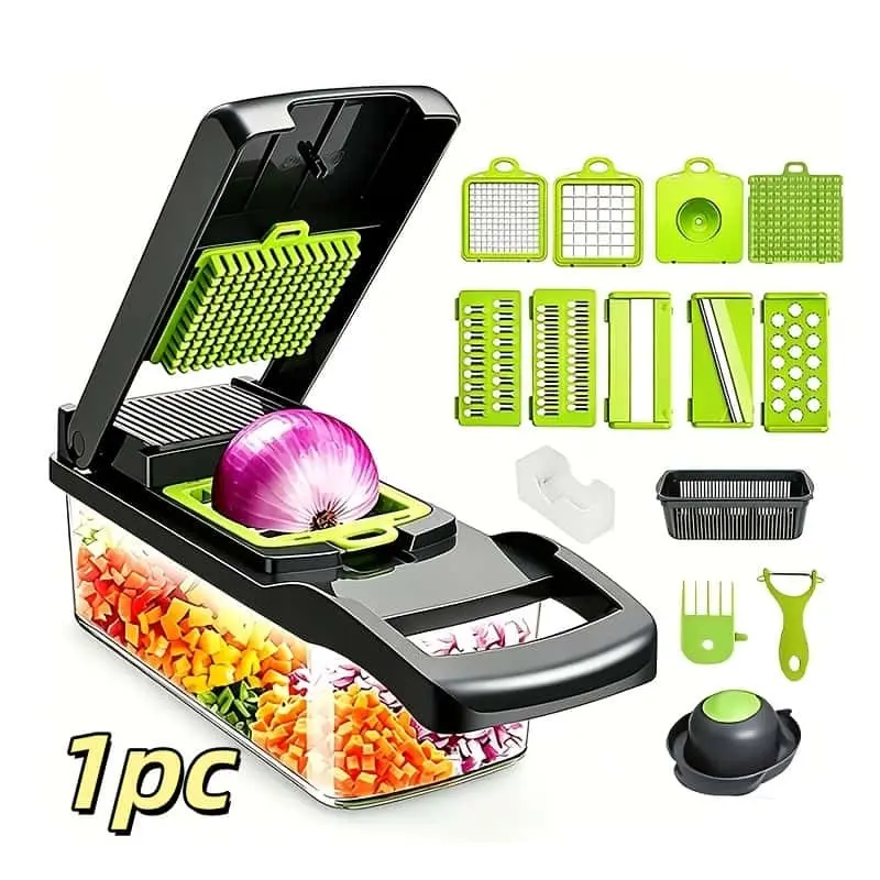 16-In-1 Multi-Functional Food Chopper with Storage Box, Includes 7 Interchangeable Blades, Egg Separator, Safety Guard, Kitchen Essential Tool, Vegetable Slicer