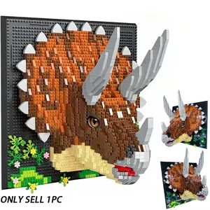 2000+pcs Dinosaur Theme 3D Building Block Puzzle Wall Decor, Triceratops Pixel Art Assembly Toy, Creative Art Decoration, Adult Stress Relief DIY Craft Gift