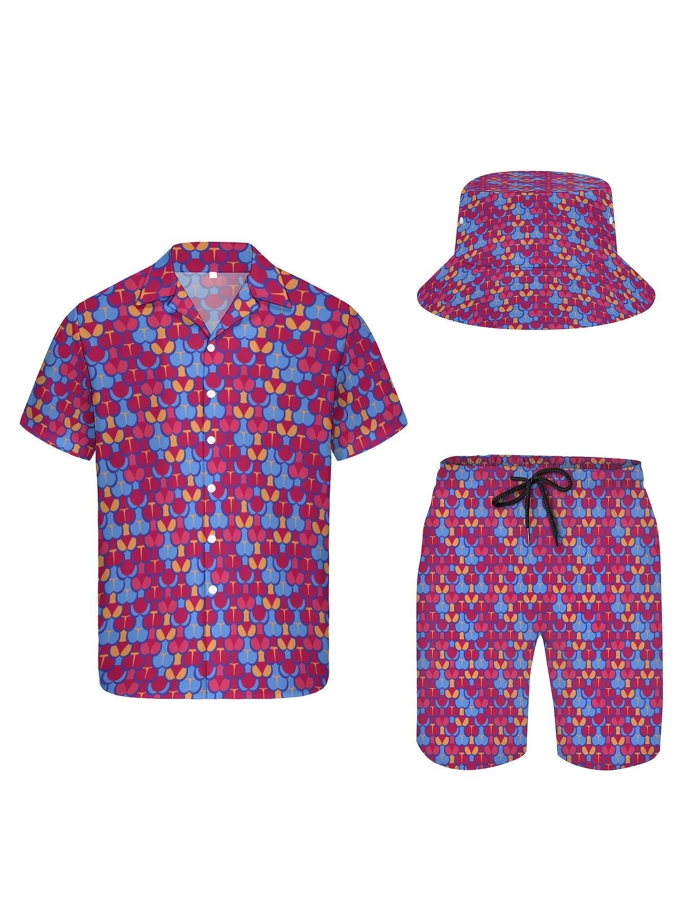 [3pcs Hawaiian Shirt Set] 3pcs Men's Hawaiian Shirt and Short Set| Funny Red 80s Flashes, Soft Fabric, Breathable, Button Short Sleeve, Casual Beach Outfits with Bucket Hats