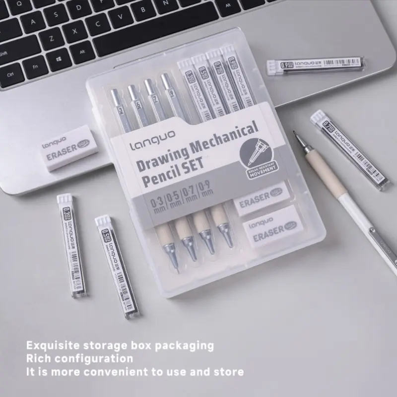 Languo Mechanical Pencil Set, 4 Art Pencils for Sketching, 4 Refill Leads, 3 Erasers, 0.3-0.9mm Line Widths, Metal Tip, Stable, Office & School Supplies