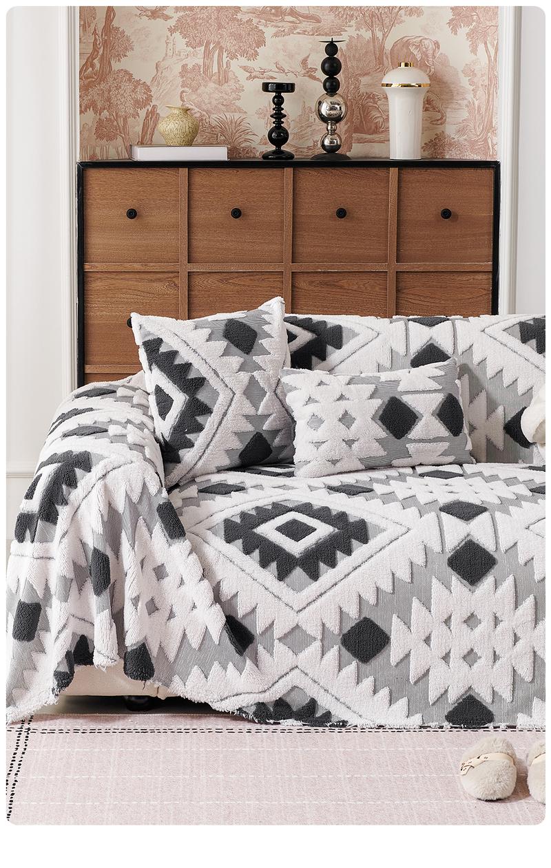 Bohemian Plush Sofa Throw Blanket, Geometric Pattern Design, Pet-Friendly, All-Season Use, Home Decor, Sofa Couch Covers, Sofa Slipcover