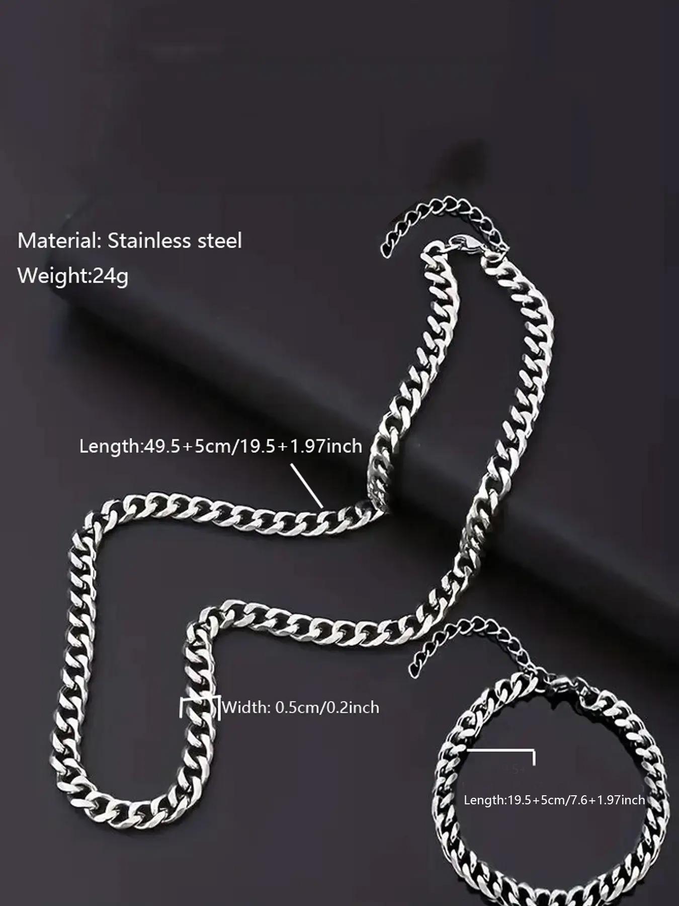 Punk Style Stainless Steel Chain Necklace & Bracelet, Casual Trendy Hip Hop Jewelry Set, Fashionable Jewelry Set Without Box, Men Jewelry Punk Style Stainless Steel Chain Necklace & Bracelet, Casual Trendy Hip Hop Jewelry Set, Fashionable Jewelry Set Without Box, Men Jewelry