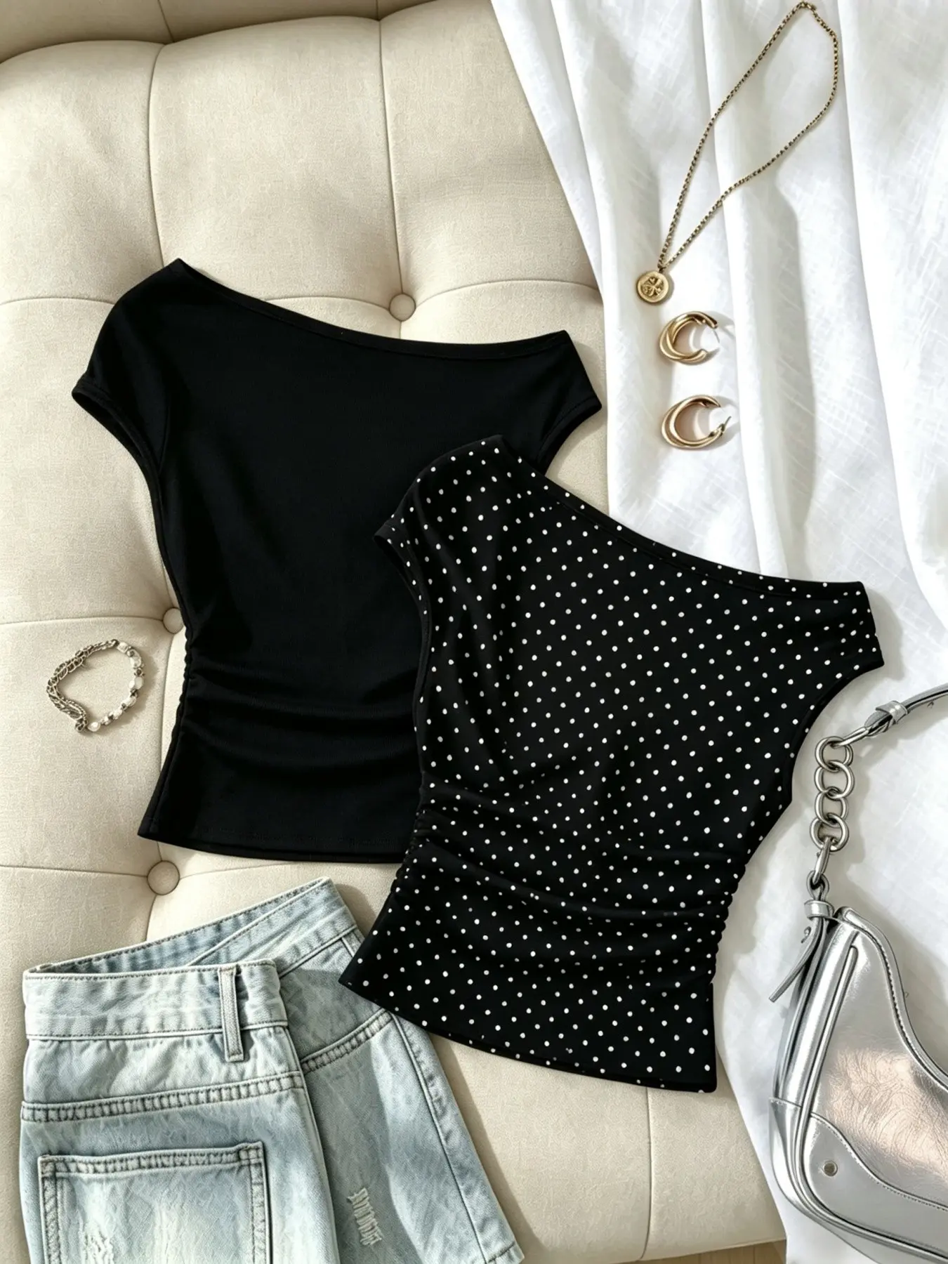 Pure Desire Style One-Shoulder Flutter Sleeve Top, Polka Dot Slim Fit Waist Short Dress, Trendy Shoulder Exposure Two-Piece Set, Clothes