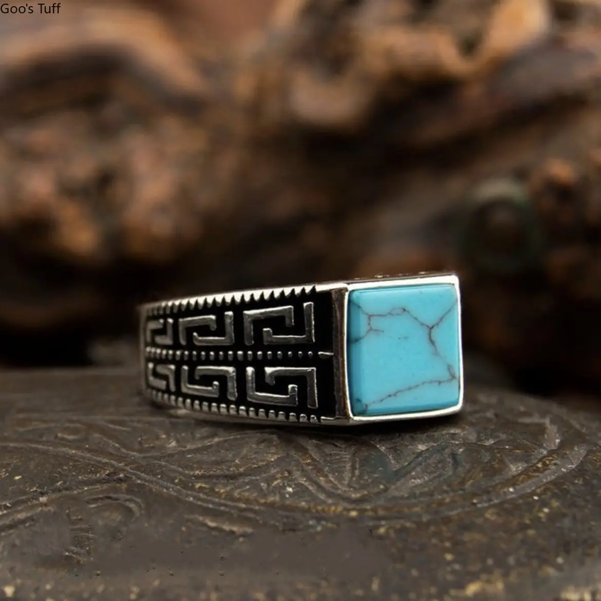 Mens Silver-Tone Square Blue Turquoise Ring, Geometric Striped Pattern, New Trendy Simple Stylish Costume Jewelry for Daily Wear & Birthday Gifts
