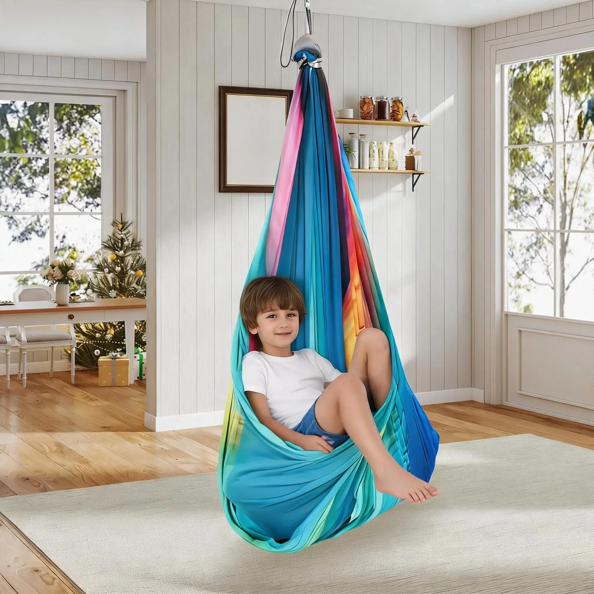 Dual-Layer Sensory Swing Chair for Kids - Soothing Deep Pressure Therapy Hammock - 360° Swivel, Indoor/Outdoor Rocker, 300 lbs Load - Great for Autism, ADHD, Sensory Support - Size: 1.5*1.4m