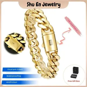 14K Gold Vacuum Plated Stainless Steel With Copper Black "S" Ear Clasp Miami Cuban Link Chain 6-14mm Bracelet Italy Mexico & Micro Inspired for Women & Men Luxury Jewelry,Daily Wear,Fashion,Gift,Chicano,Classic,Hip Hop,Simple,Sporty,Lgbt