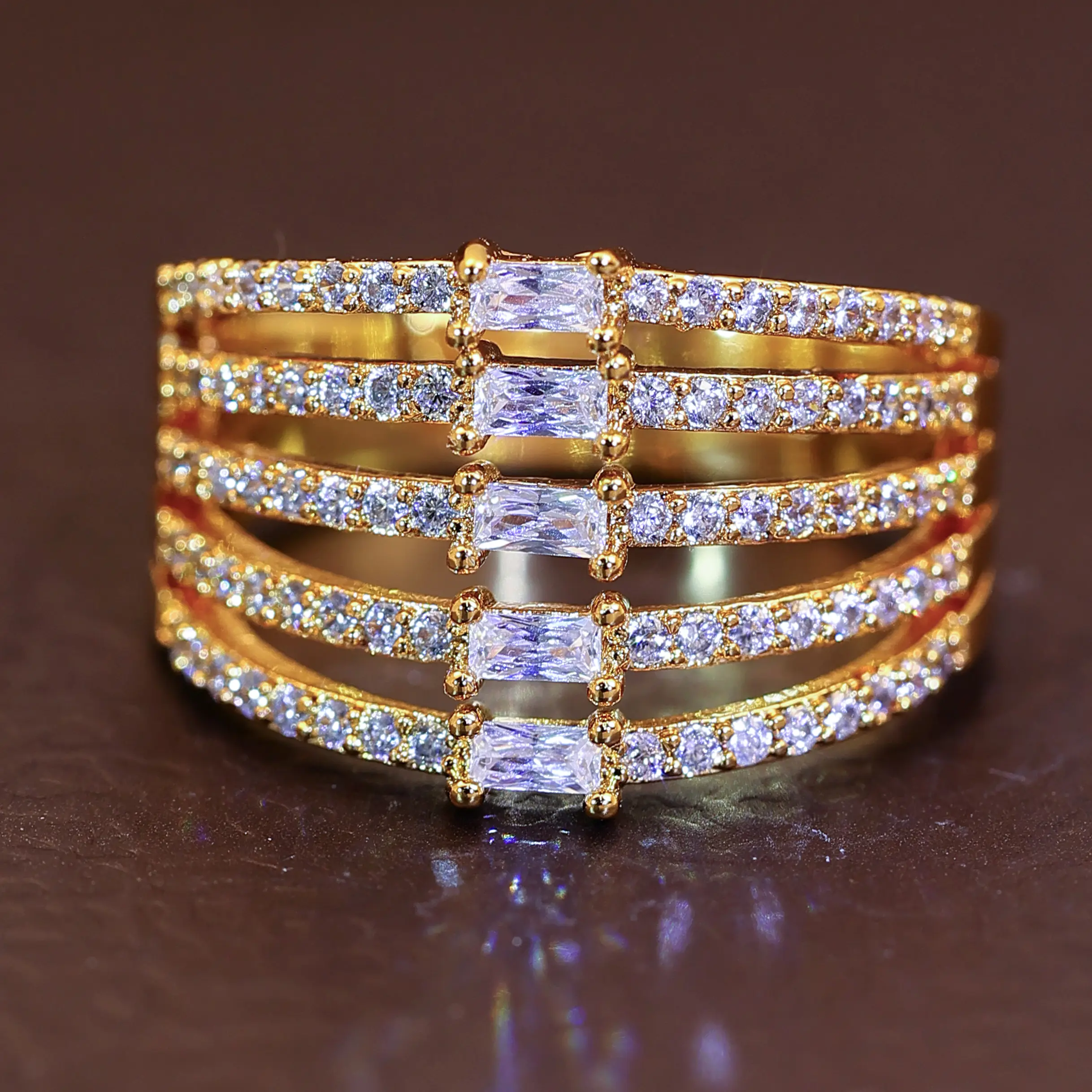 Luxury Golden-Tone Adjustable Engagement Ring - Baguette & Round Accent Statement Band with Sleek Finish, Stackable Luxury Fashion Accessories, Casual Anniversary Custom Gift Ring, Gold Rings, Jewelry Stack