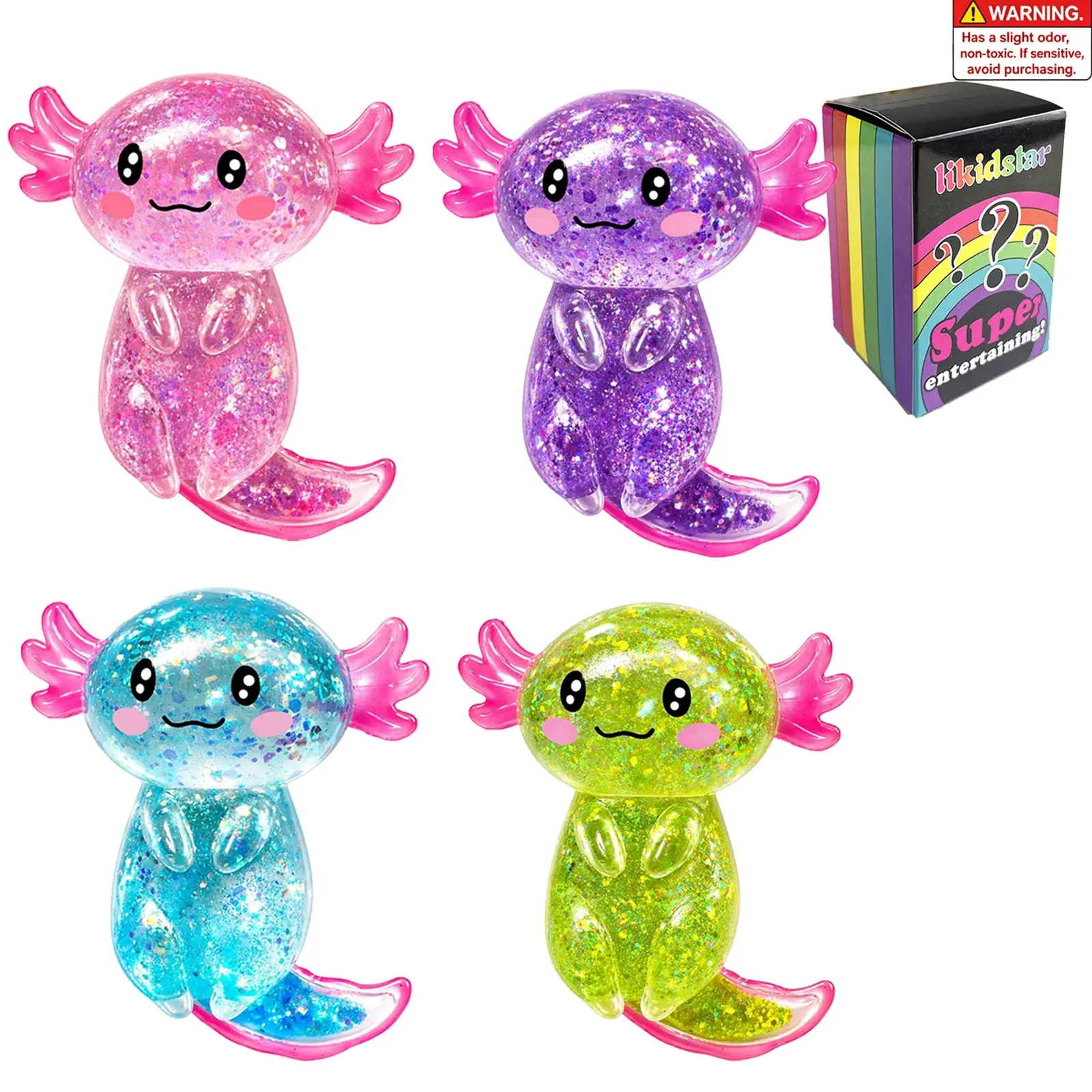 4pc Axolotl Squishy Stress Relief Toy Glitter Fidget Toys Cute Malt Sugar Axolotl Toy Fidget Toys for Kids Youth Adult, Party Favors Anxiety Relief Squishy Toys