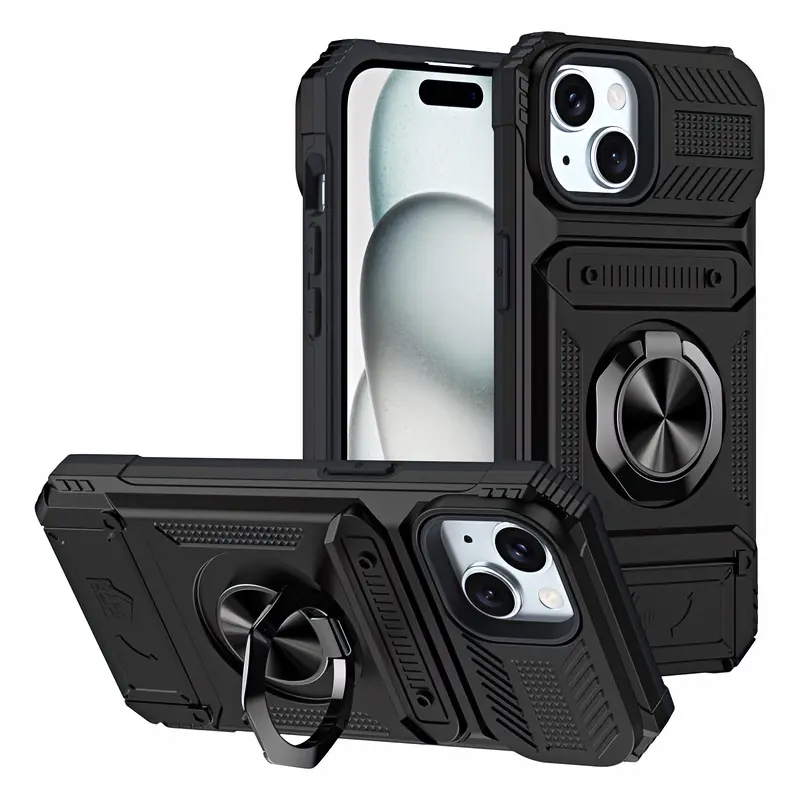 Mecha-Style Multifunctional Magnetic Smartphone Case - Hidden Card Slot, Integrated Metal Ring Stand for Horizontal/Vertical Support, Handheld Cellphone Protection for iPhone 17/16/15/14/13 Pro Max Travel-Convenient Devices Cover protective