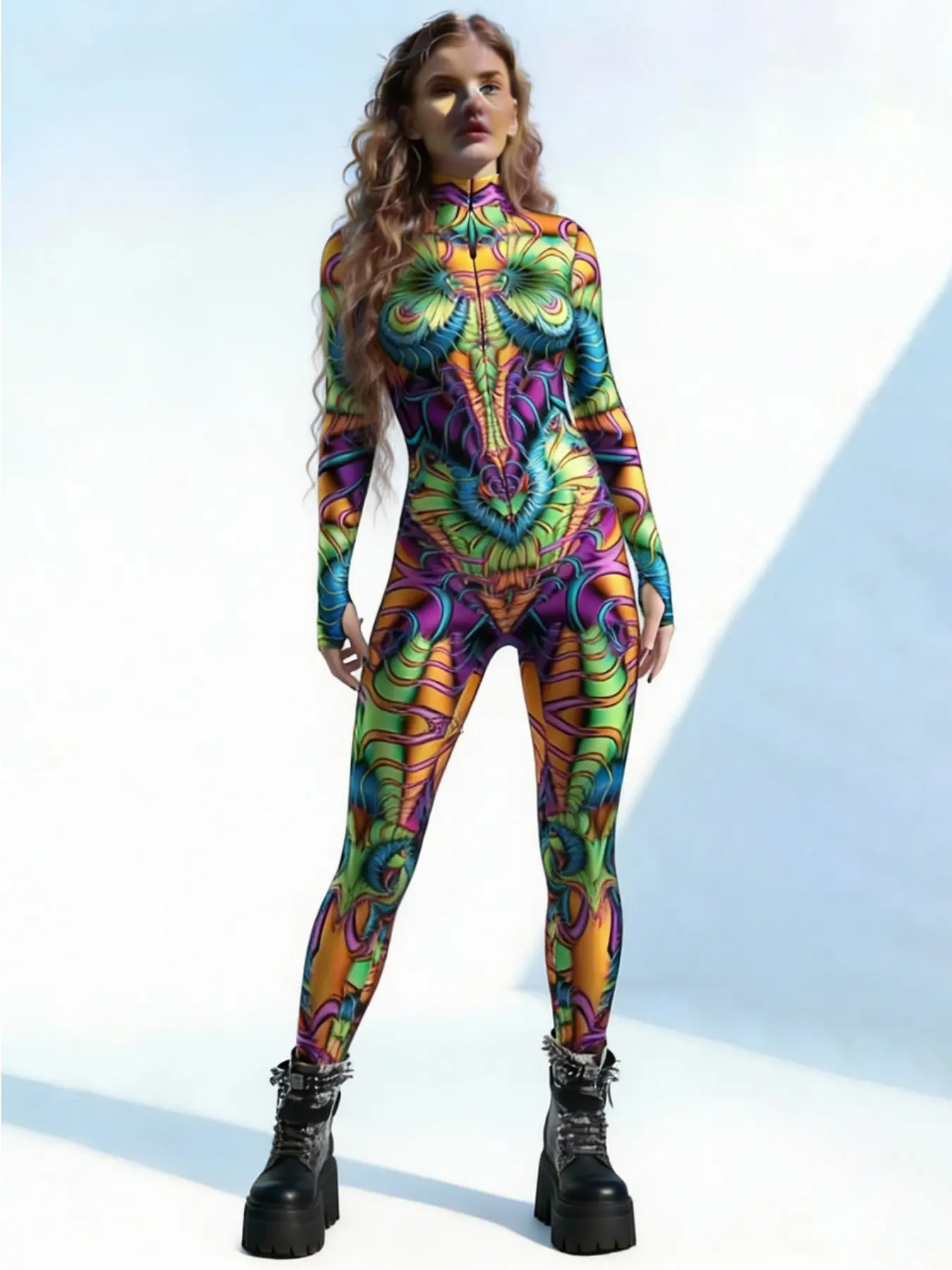 Ethnic Style Multicolor Geometric Totem Print Bodysuit, High Neck Long Sleeve Full Coverage Elastic Bodysuit, Festival Cosplay Stage Costume