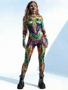 Ethnic Style Multicolor Geometric Totem Bodysuit, High Neck Long Sleeve Full Coverage Elastic Bodysuit, Festival Cosplay Stage Costume