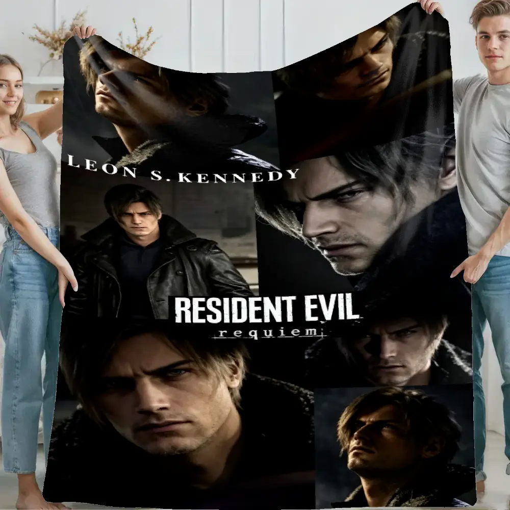Leon S. Kennedy Resident Evil Collage Flannel Cooling Blanket, Game Character Portrait Graphic Throw, Soft Lightweight Decor Blanket for Bedroom Sofa Dorm Travel, All Season Gamer Birthday Holiday Gift for Horror Game Fans