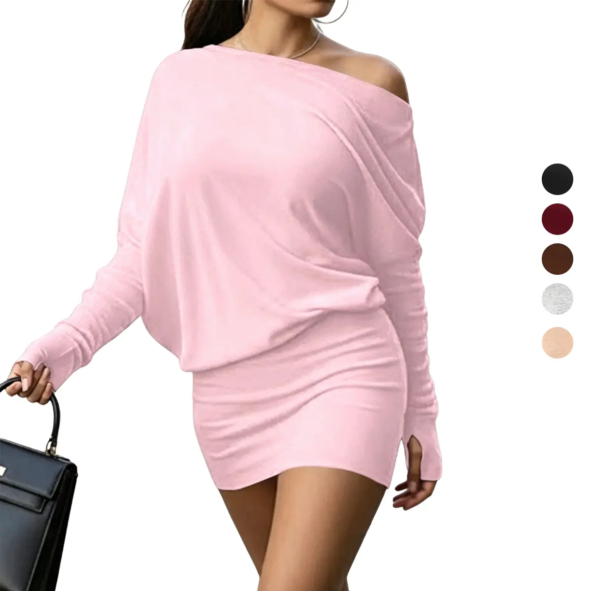 ASANDY Women's Off Shoulder Long Sleeve Dress Batwing Sleeve Off the Shoulder Bodycon Mini Dress Ruched Casual Athletic Streetwear Club Night Out Dress