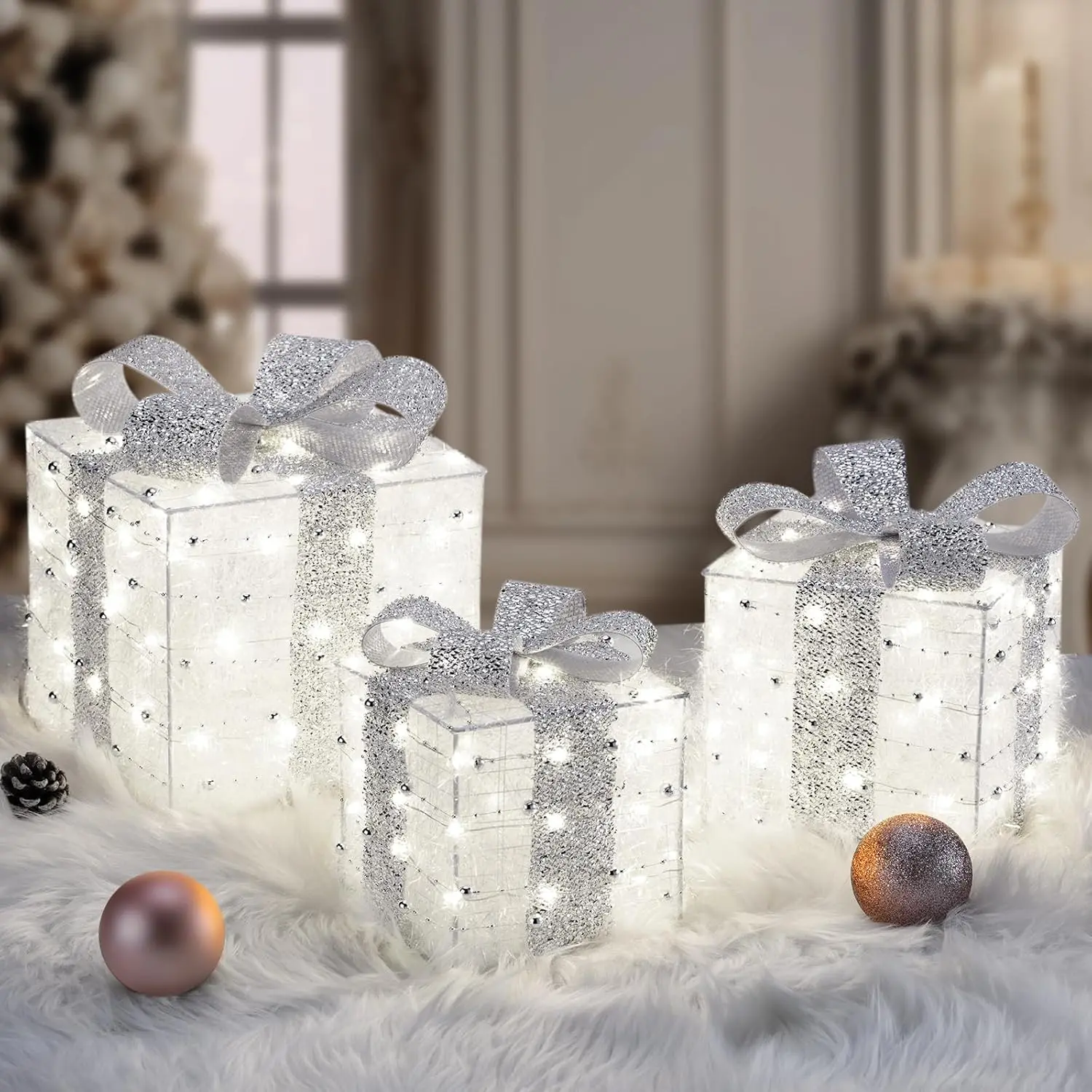 Christmas Lighted Gift Boxes, 140 LEDs Light Up Presents Christmas Decoration, 8 Modes & Timer Function Plug-in Lighted Boxes, Set of 3 Xmas Decor for Holiday Party Indoor Outdoor