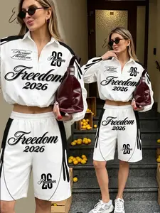 American High Street Freedom 2026 Flame Print Long Sleeve Shirt + Gym Shorts Set, Retro Street Style Two-Piece, Casual Sportswear for All Seasons
