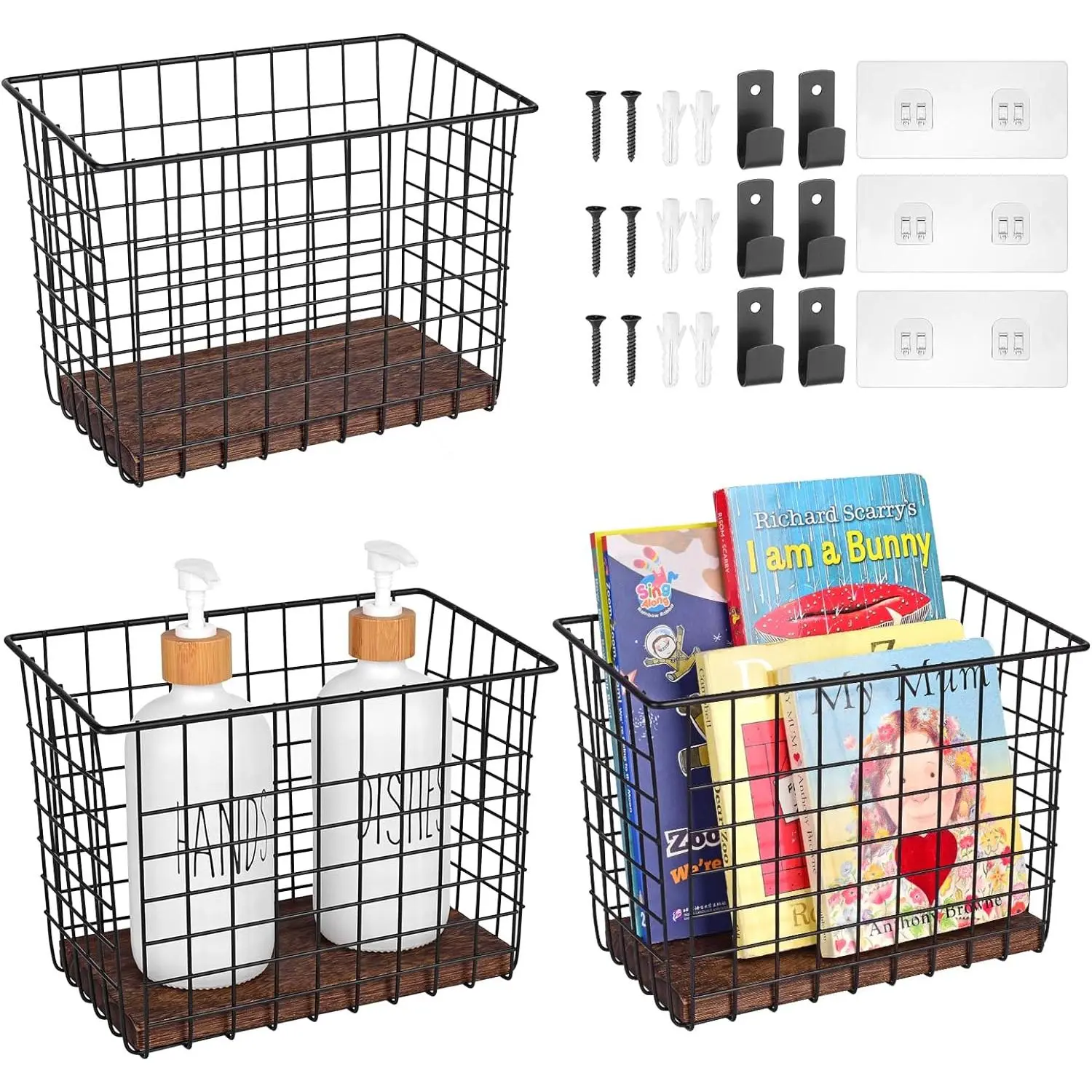 Wall  Baskets, 3 Wooden Wire Bins with Hooks & Adhesive Mount(Large) | Wire Baskets With  Slat, Mail Organizers, Rustic  Storage Organizer for Pantry Kitchen RV Bathroom Coffee Bar
