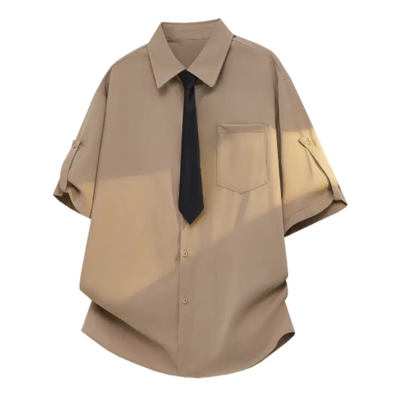 Men's Casual Preppy Lapel Collared Short-Sleeve Button-Up Shirt - Foldable Rolled Sleeves, Attached Tie Detail, Geometric Accent, Flap Chest Pocket, Loose Fit, Machine Washable, Shirts