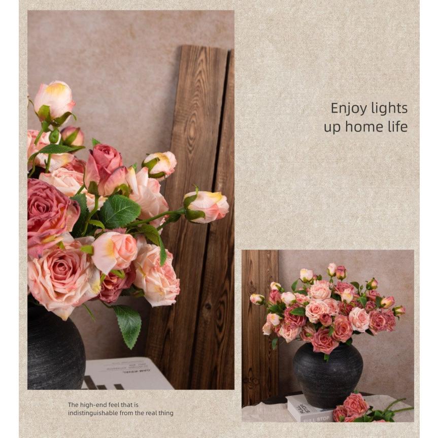 French Style Artificial Single Branch 3-Head Burnt Edge Rose Vintage Home Living Room Decoration Fake Dried Flower Bouquet High-End Feel