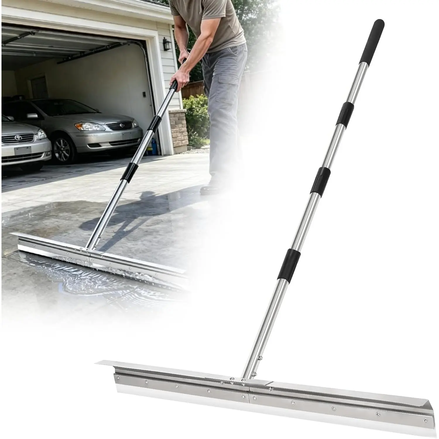 Heavy-Duty Large Concrete Floor Squeegee - 33.4" Commercial Model with 63" Stainless Steel Handle, Anti-Splash Curved Baffle for Commercial Users, Factory Floor, Garage Tough Cleaning Jobs