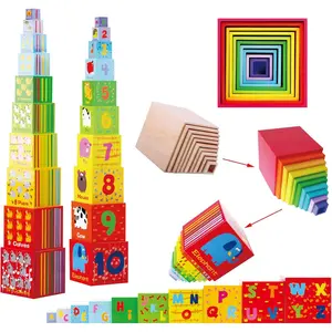 Wooden Stacking Boxes-Nesting and Sorting Cups Numbers Alphabet Animals Blocks for Toddlers-Stacking Cubes Educational Toys for 2 Years Old Montessori Materialsfidget toys