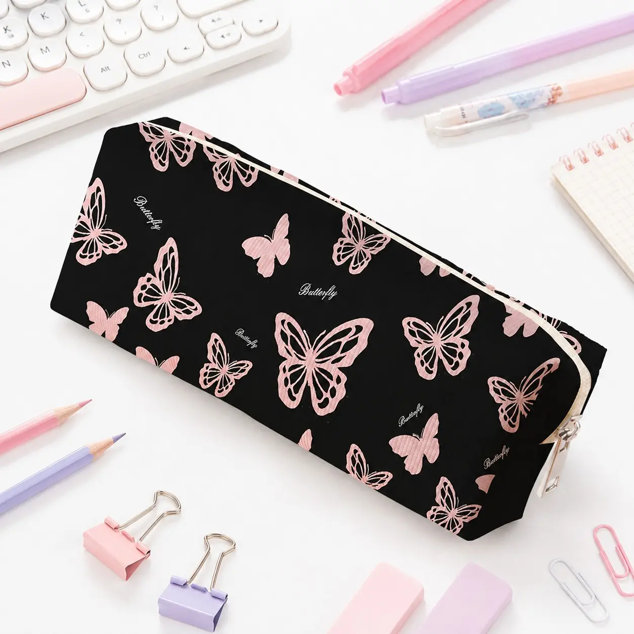 Butterfly Print Corduroy Pencil Case, Soft Zipper Pen Pouch with Black and Pink Pattern, Portable Stationery Organizer for School, Study Desk, Office, Travel, Art Supplies, Makeup Tools and Everyday Small Item Storage