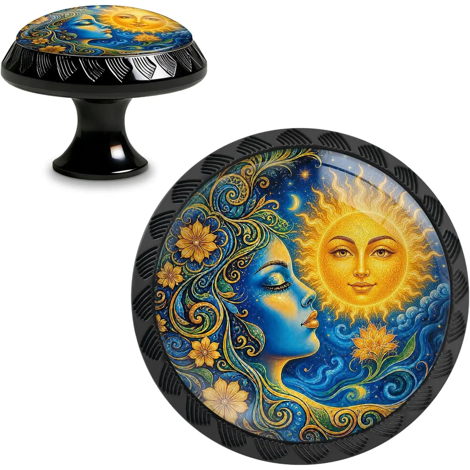 4-Pack Celestial Print Floral ABS+Glass Round Shape Cabinet Knobs, 2-Inch Door Pulls for Dresser, Kitchen Wardrobe Cupboard