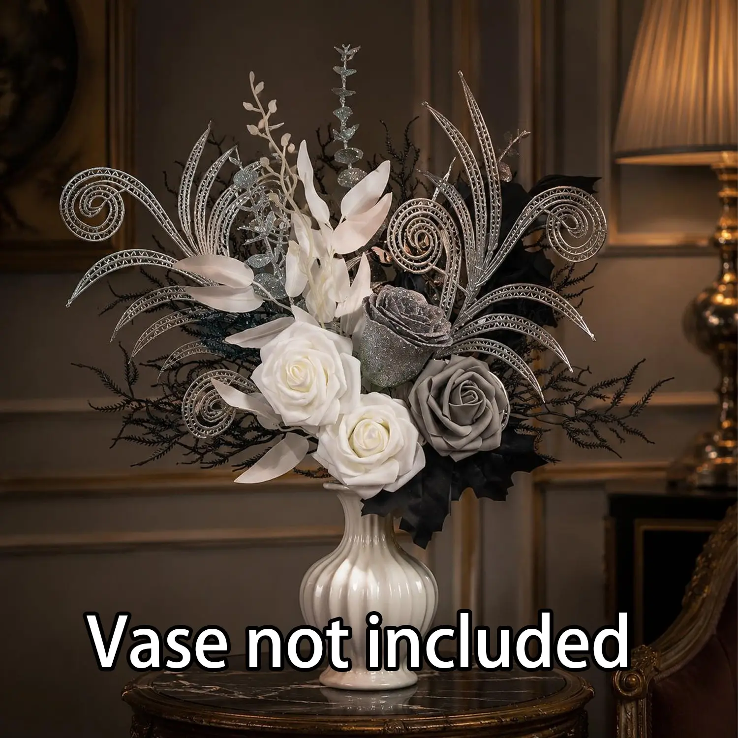 Silver Color Artificial Flower Arrangement, Moonlight Rose, Cold Mist Rose, Maple Leaf, Ice Leaf, Night Shadow Branches, Decorative Flowers